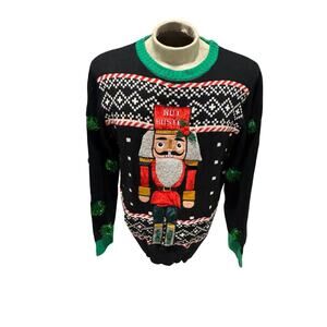 Spencers Nut Buster Nutcracker Ugly Christmas Sweater Men’s L Funny Pom Pom
